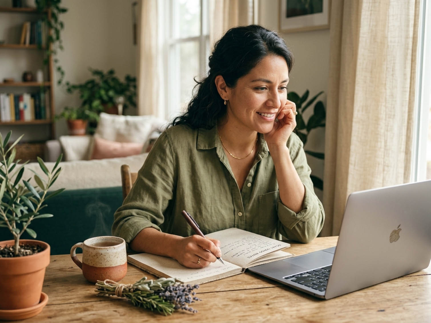 Mujer realizando un curso online en un espacio natural y sereno.
