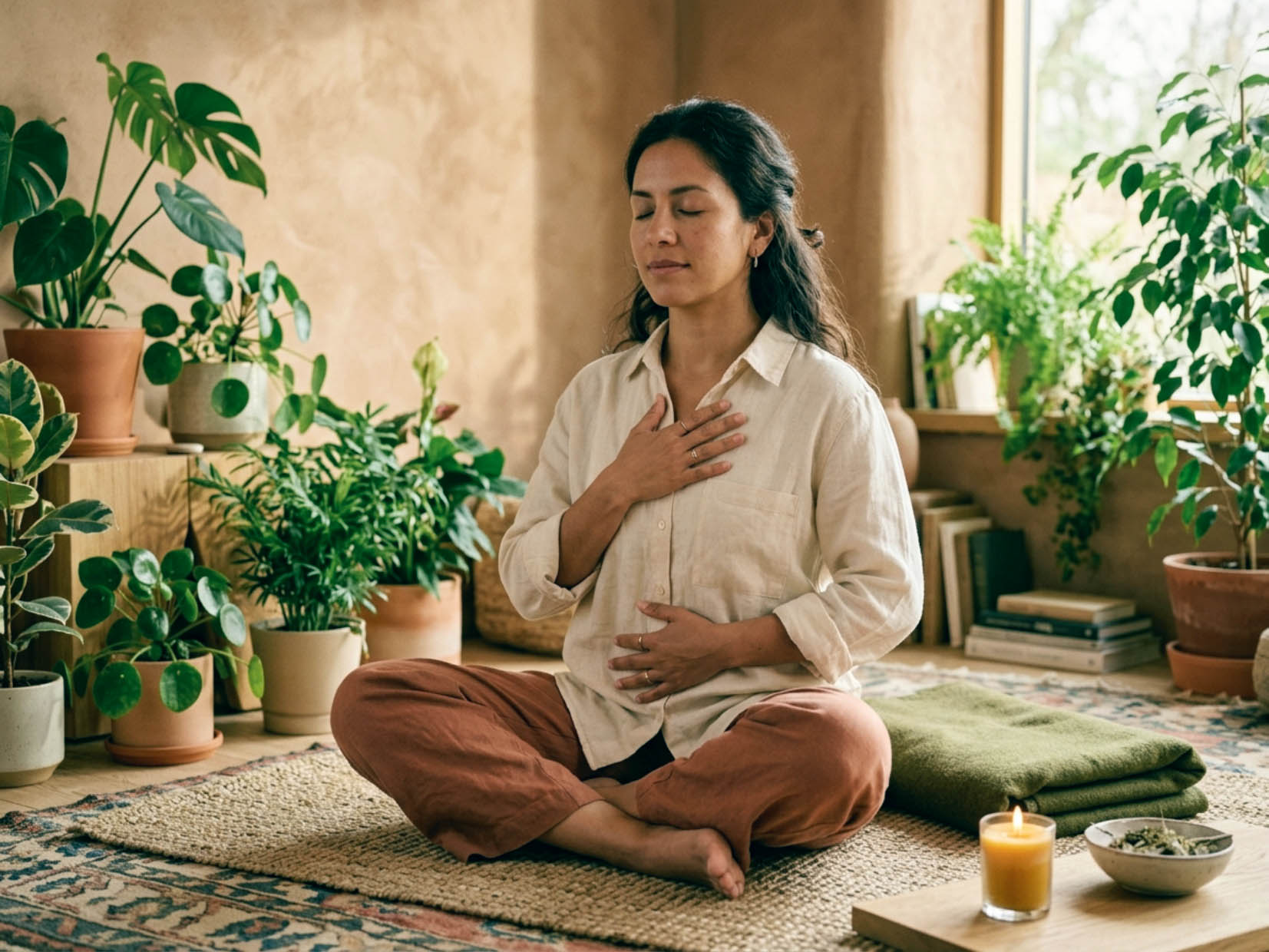 Mujer practicando escucha corporal y autocuidado consciente.